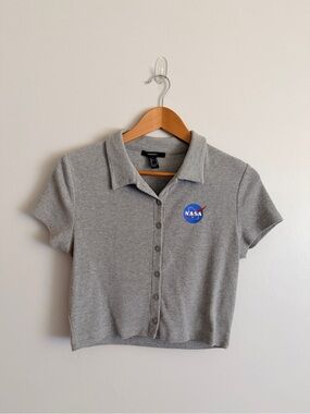 Forever 21 | Gray NASA Cropped Polo Top